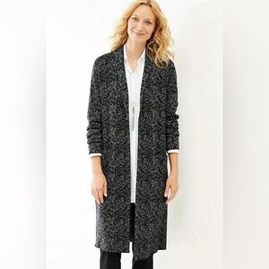 J. Jill Hudson Jacquard Topper Med Black White Speckled Wool Blend Long Cardigan